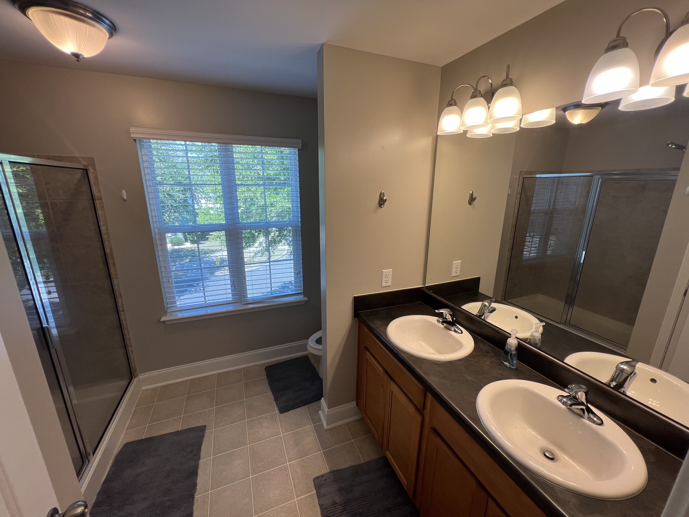 Primary bathroom with double vanity and shower